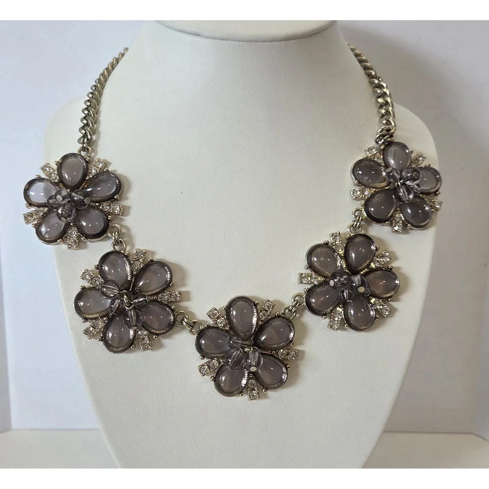 Floral Clear Crystal Rhinestones Necklace Smoky Gray‎ Beaded Flowers Chunky 19